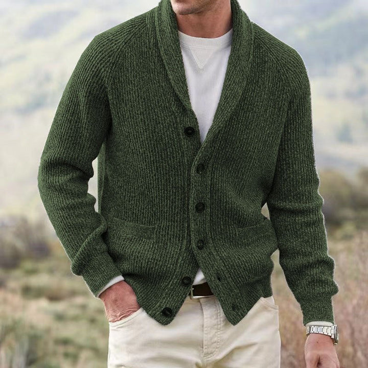 Ribbed Cardigan for Men with Shawl Collar, Buttons, and Raglan Sleeves