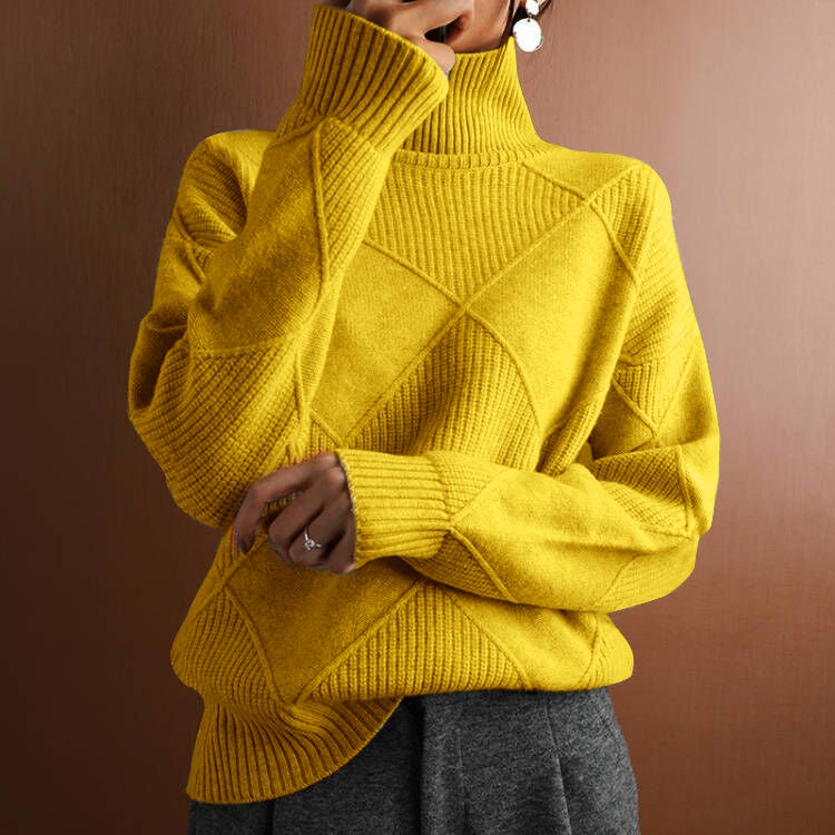 Loose-Fit Women's Turtleneck Sweater with Diamond Pattern and Long Sleeves