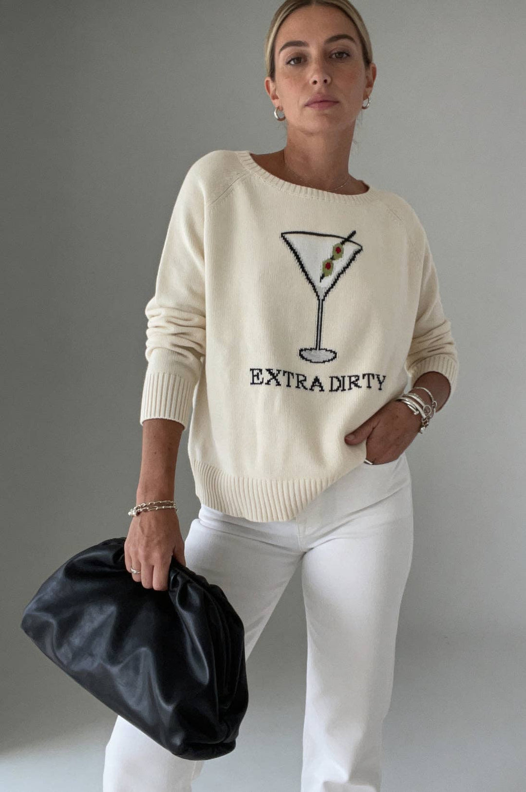 Oversized dame-sweater i bomuld med martini-motiv