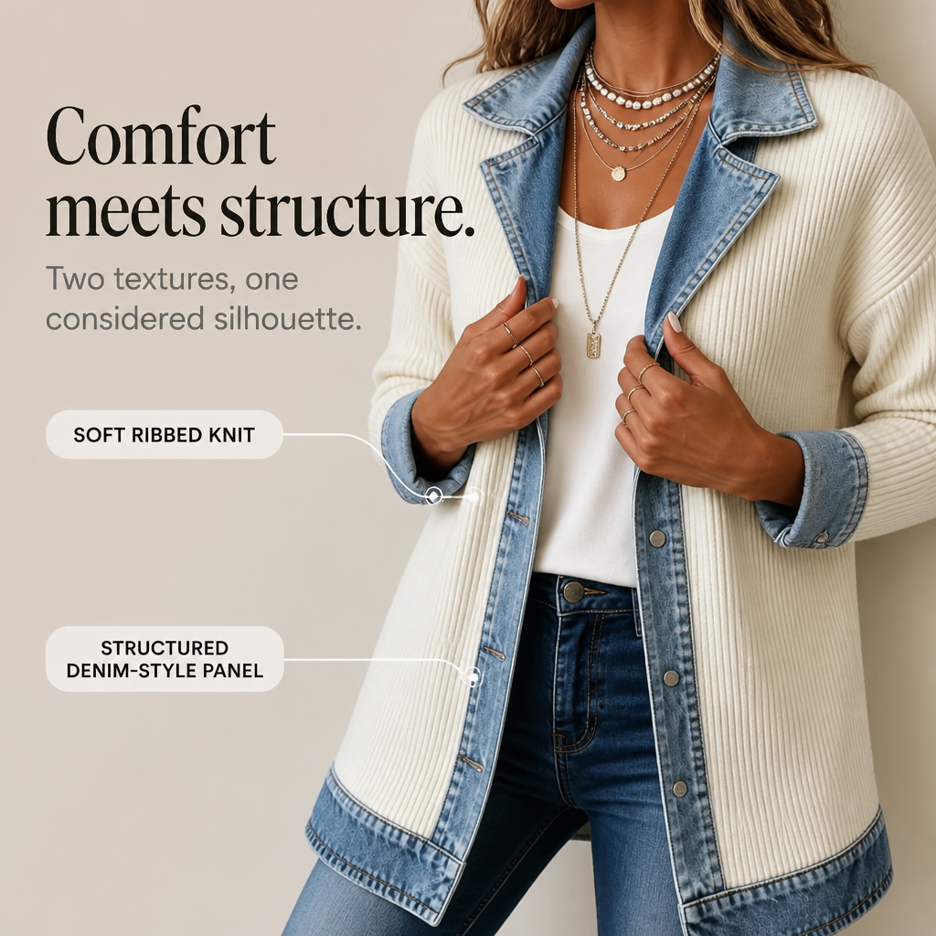 Rib-knit cardigan with denim details for women