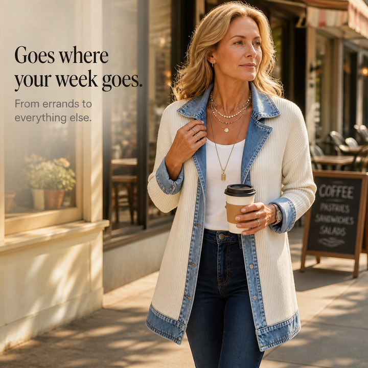 Rib-knit cardigan with denim details for women