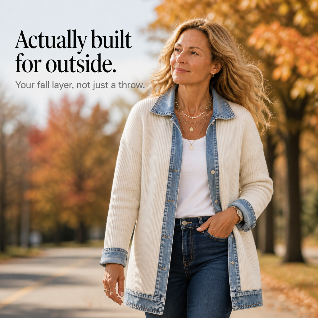 Rib-knit cardigan with denim details for women