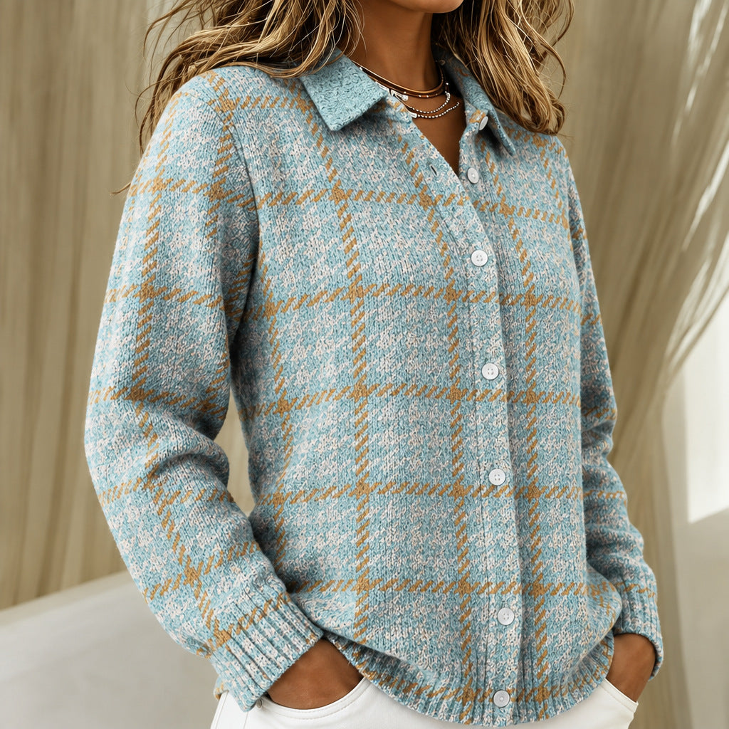 Women's striped jacket with plaid pattern and button closure