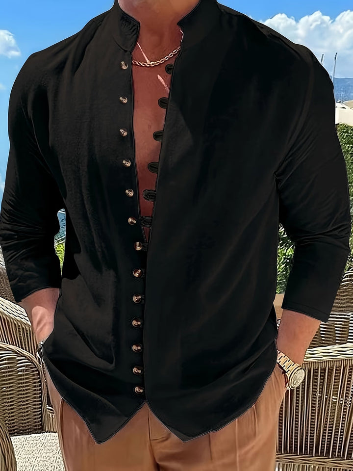 Retro Long-Sleeve Button-Up Shirt for Men