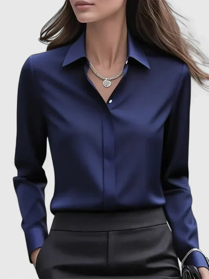Long-Sleeved Shirt with Hidden Button Closure and Curved Hem for Women