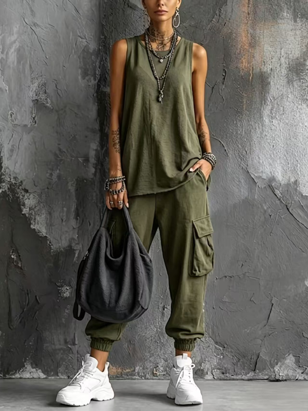 Casual Set with Vest and Cargo Joggers for Women