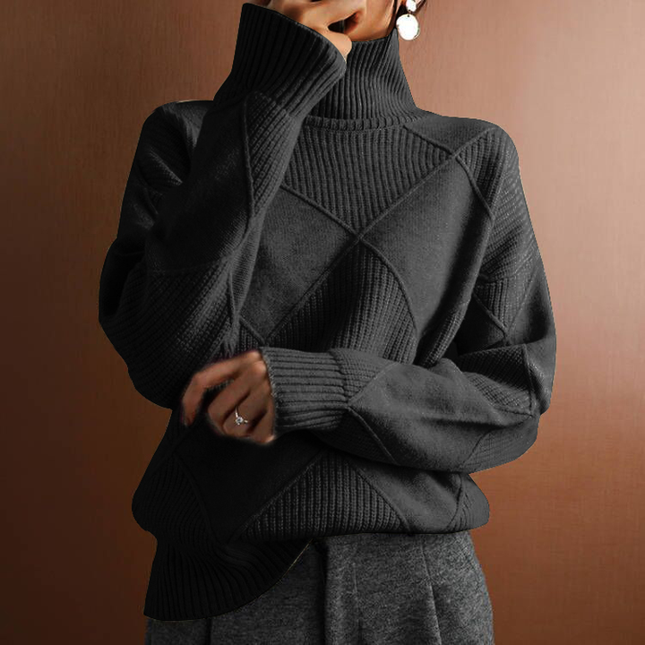 Loose-Fit Women's Turtleneck Sweater with Diamond Pattern and Long Sleeves