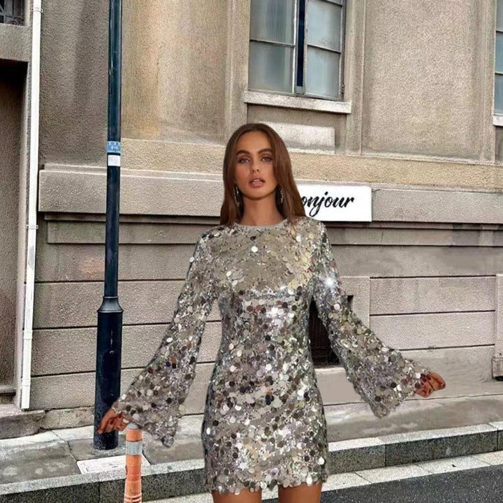Women's Sequin Mini Cocktail Dress with Bell Sleeves
