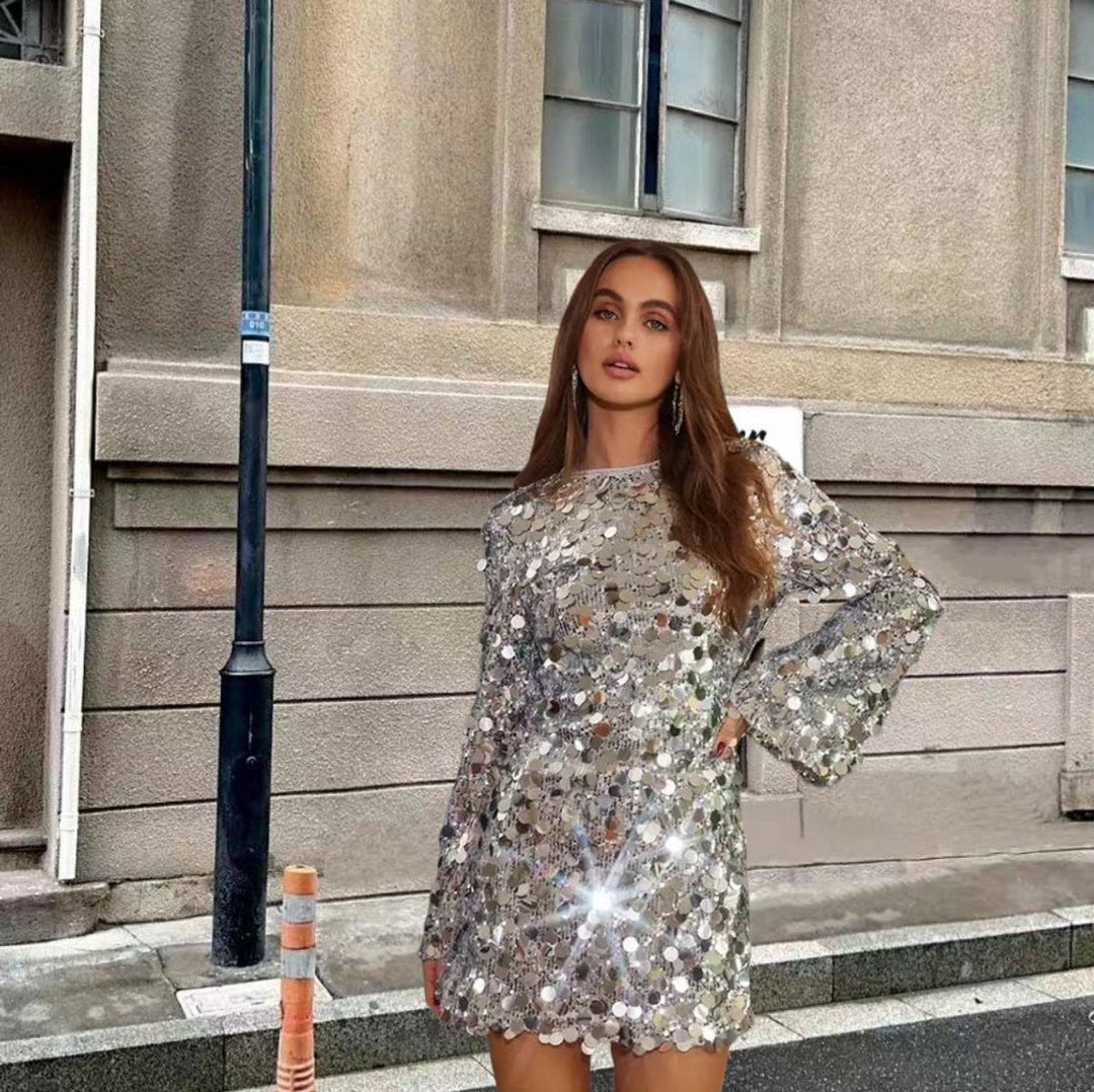 Women's Sequin Mini Cocktail Dress with Bell Sleeves