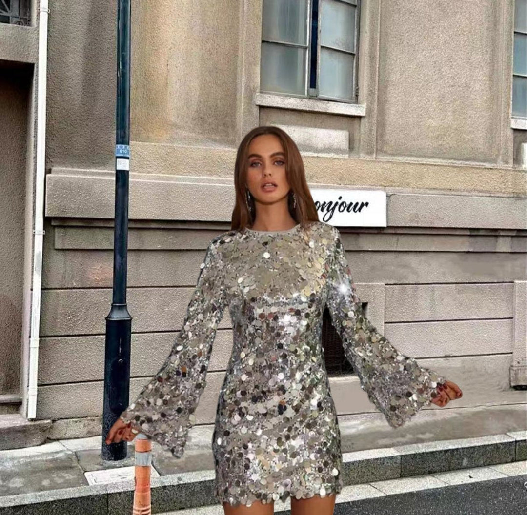 Women's Sequin Mini Cocktail Dress with Bell Sleeves