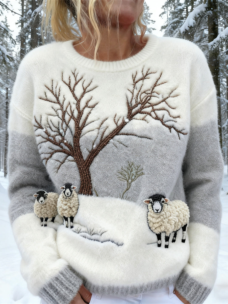 Round-Neck Sweater with Embroidered Appliqués for Women