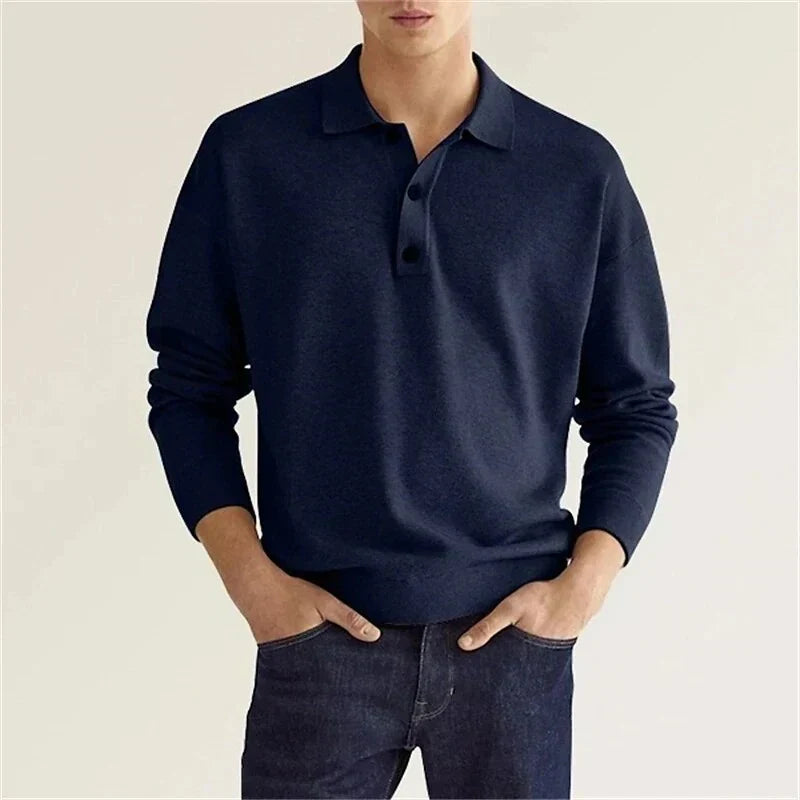 Long-sleeved polo shirt with button closure for men