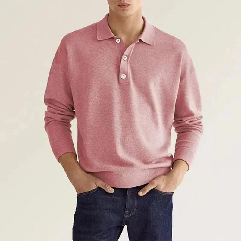 Long-sleeved polo shirt with button closure for men