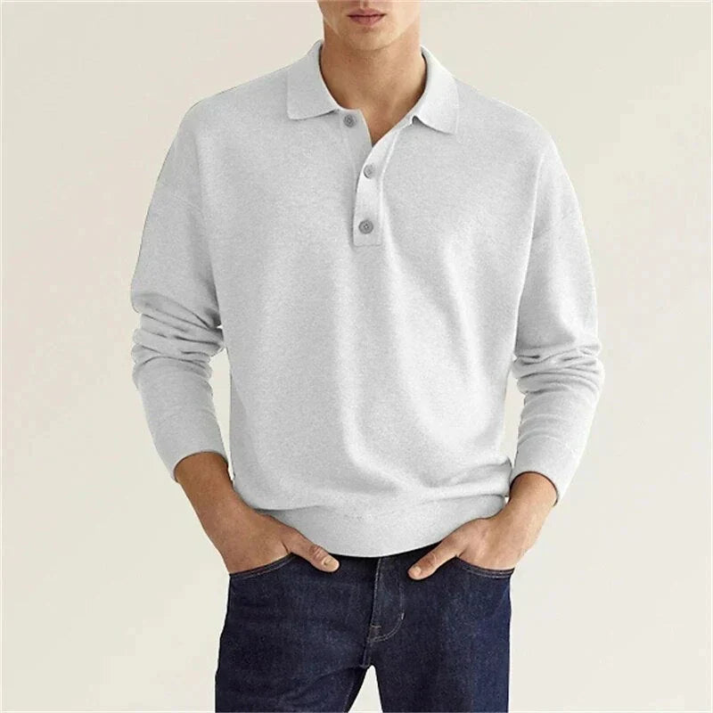 Long-sleeved polo shirt with button closure for men