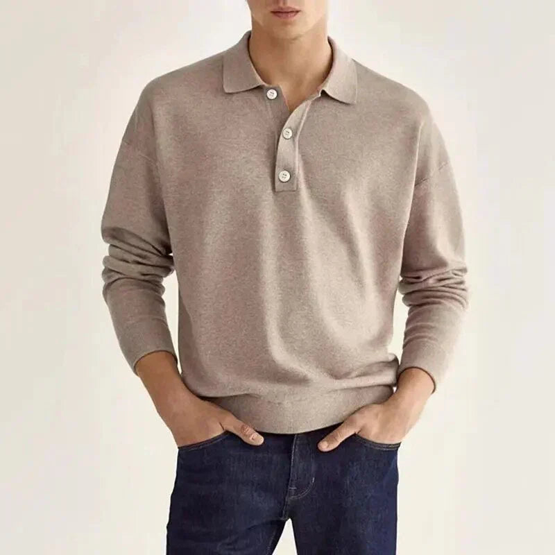 Long-sleeved polo shirt with button closure for men
