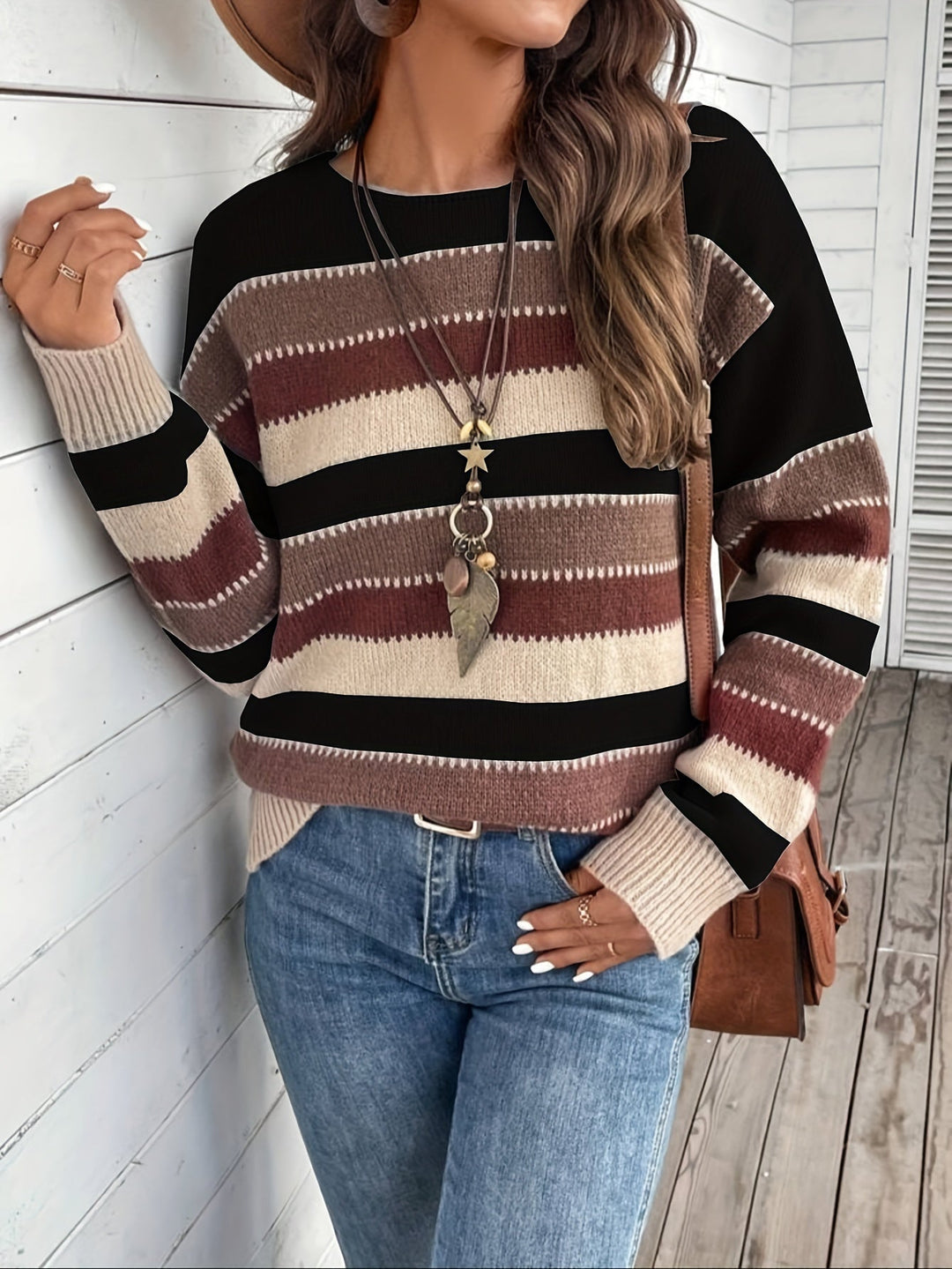 Striped Sweater with Crew Neck for Women