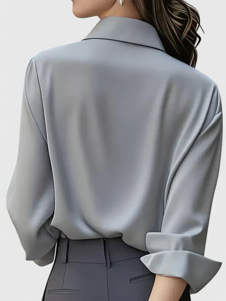 Long-Sleeved Shirt with Hidden Button Closure and Curved Hem for Women