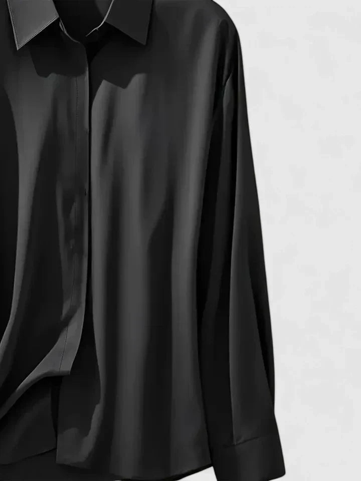 Long-Sleeved Shirt with Hidden Button Closure and Curved Hem for Women