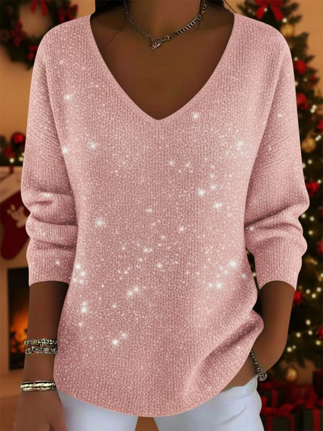 Glittery V-Neck Long-Sleeve Sweater for Women