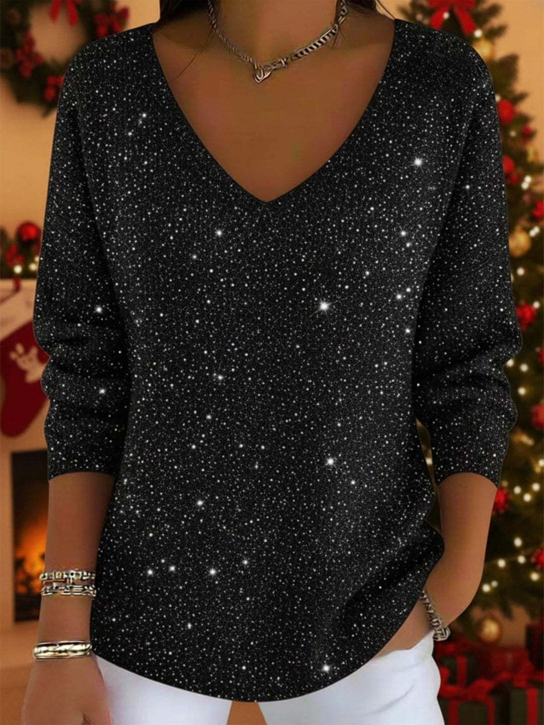 Glittery V-Neck Long-Sleeve Sweater for Women
