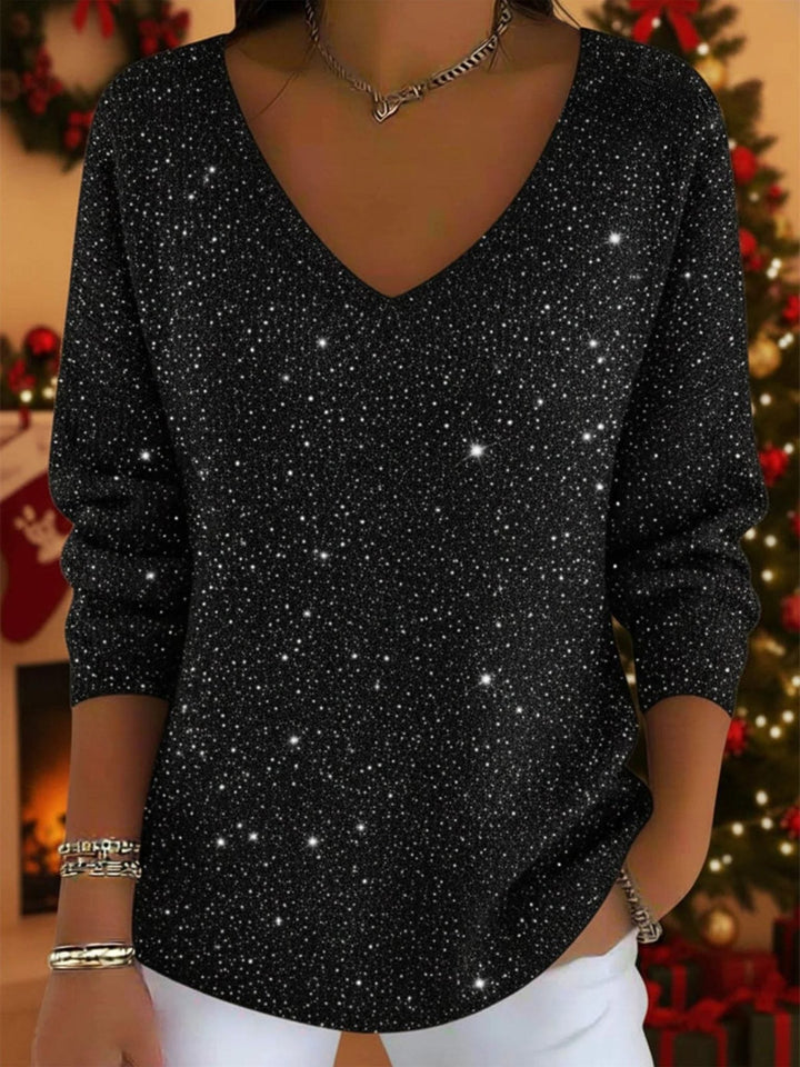Glittery V-Neck Long-Sleeve Sweater for Women