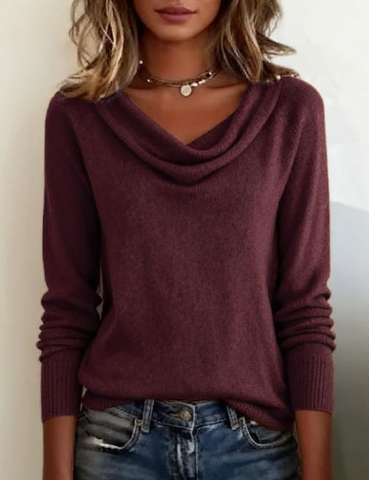 Dame strikbluse med rib og vand-hals