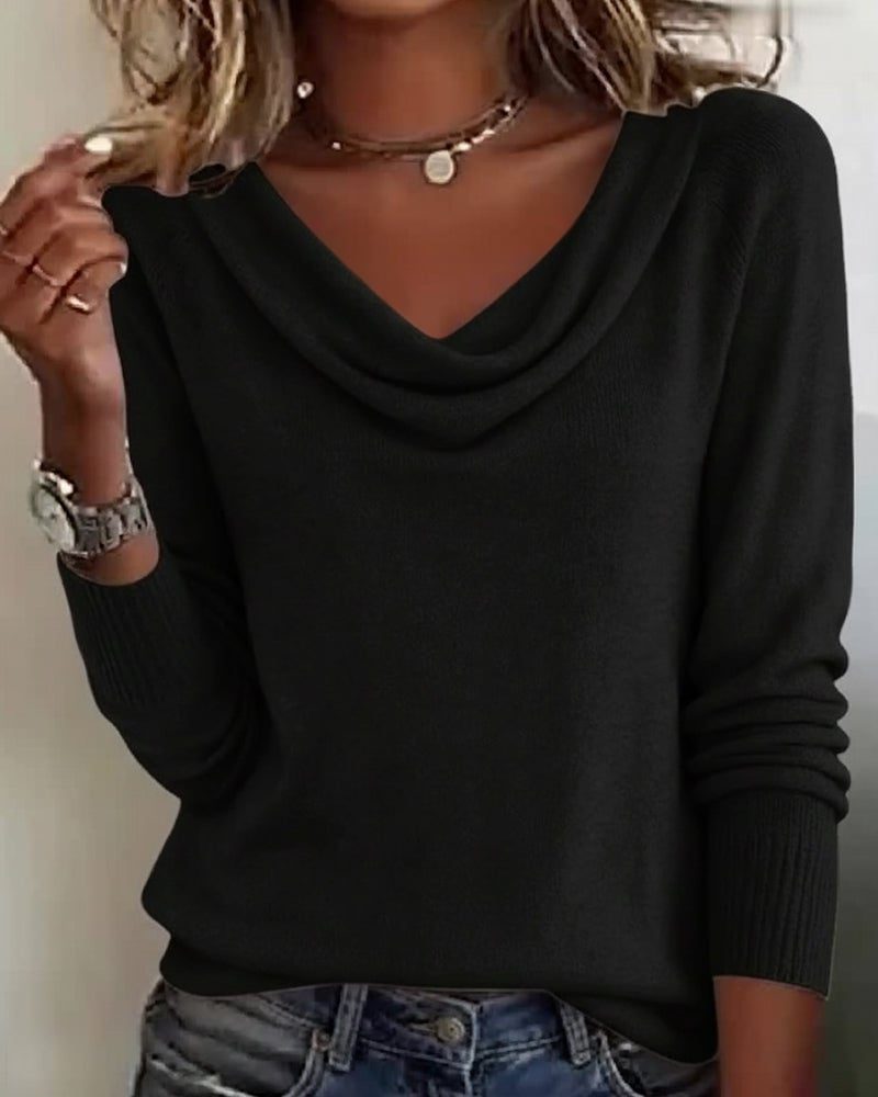 Dame strikbluse med rib og vand-hals