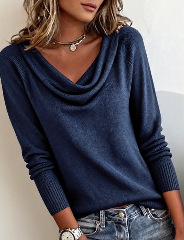 Dame strikbluse med rib og vand-hals