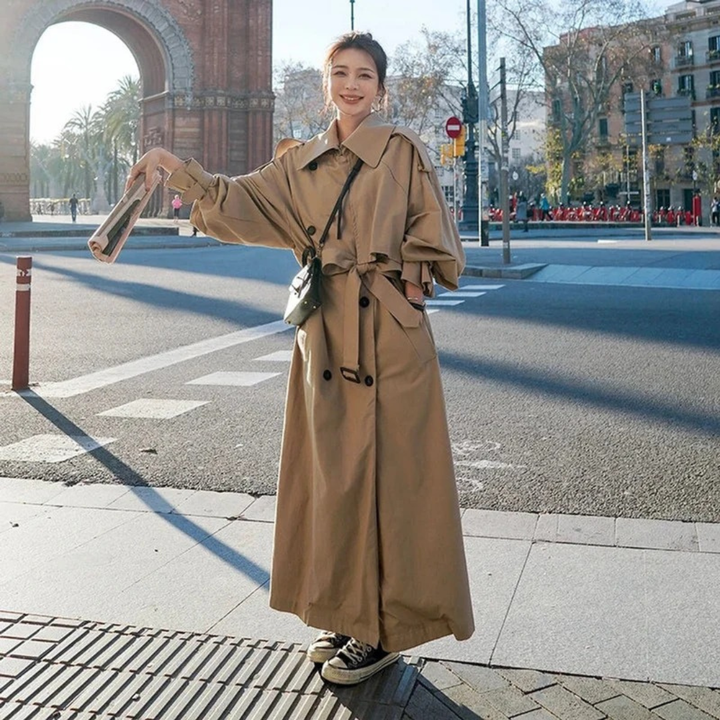 Women's Maxi Trench Coat with Belt and Oversized Fit