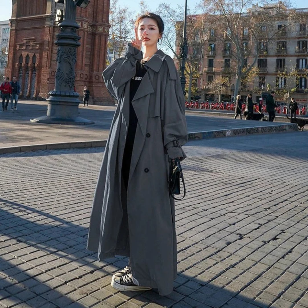 Women's Maxi Trench Coat with Belt and Oversized Fit