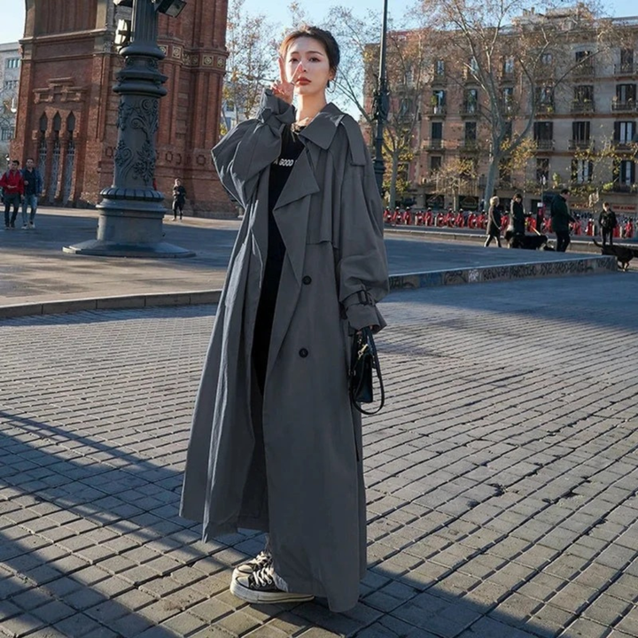 Women's Maxi Trench Coat with Belt and Oversized Fit
