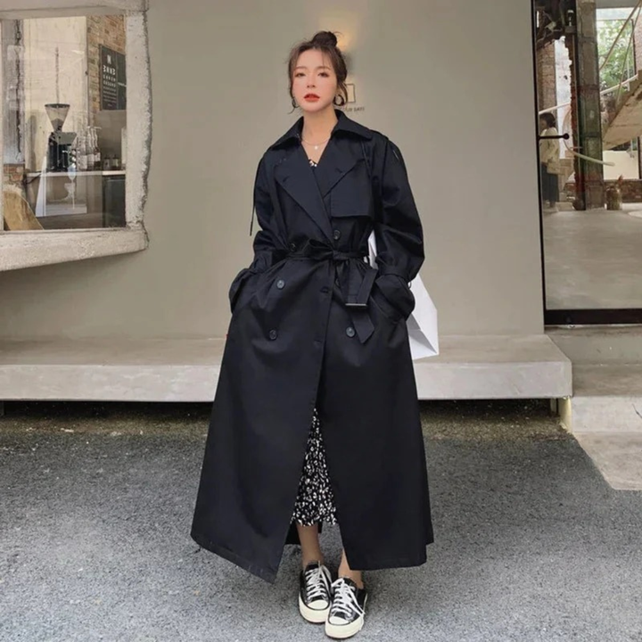 Women's Maxi Trench Coat with Belt and Oversized Fit