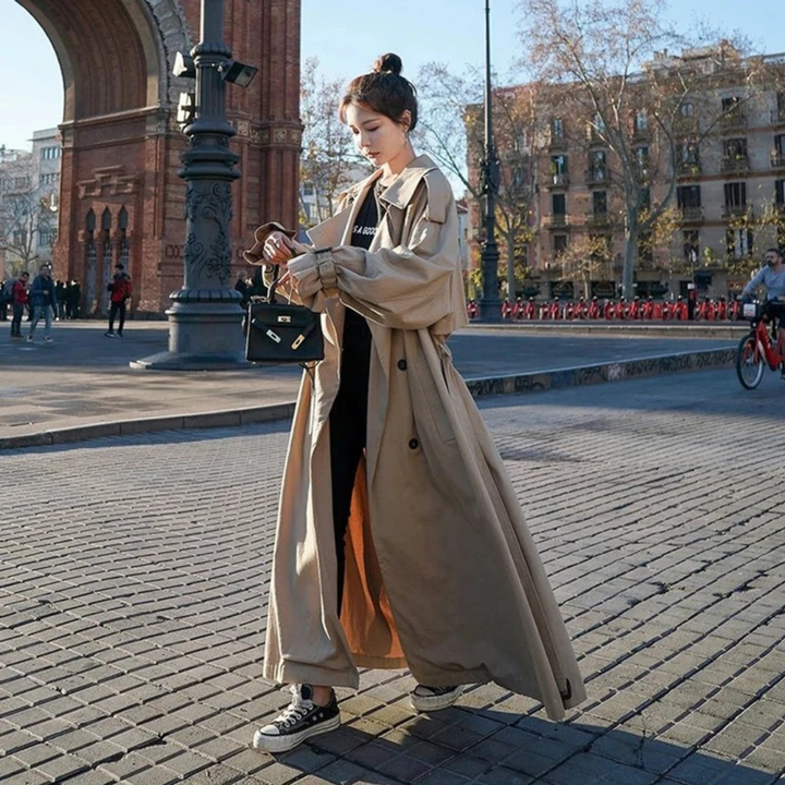 Women's Maxi Trench Coat with Belt and Oversized Fit