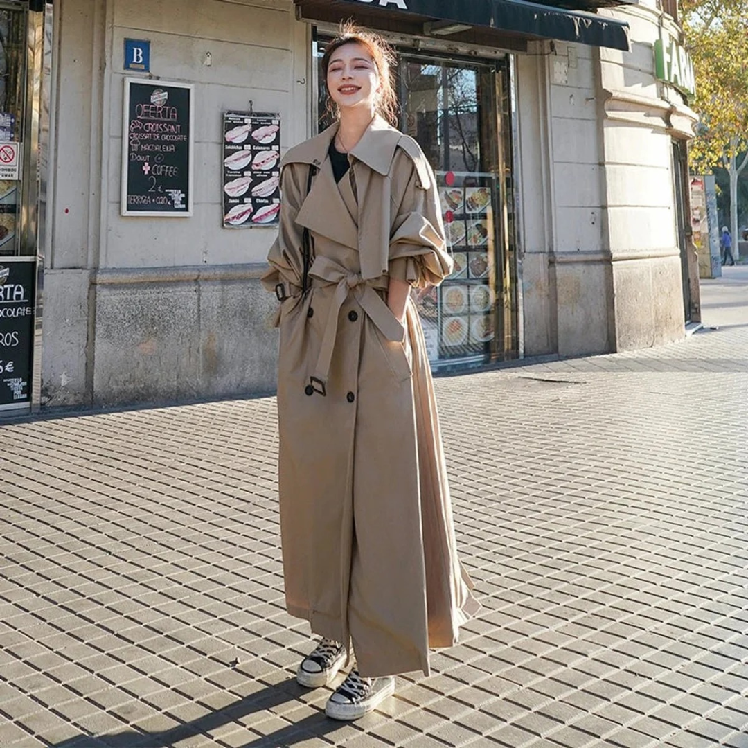 Women's Maxi Trench Coat with Belt and Oversized Fit