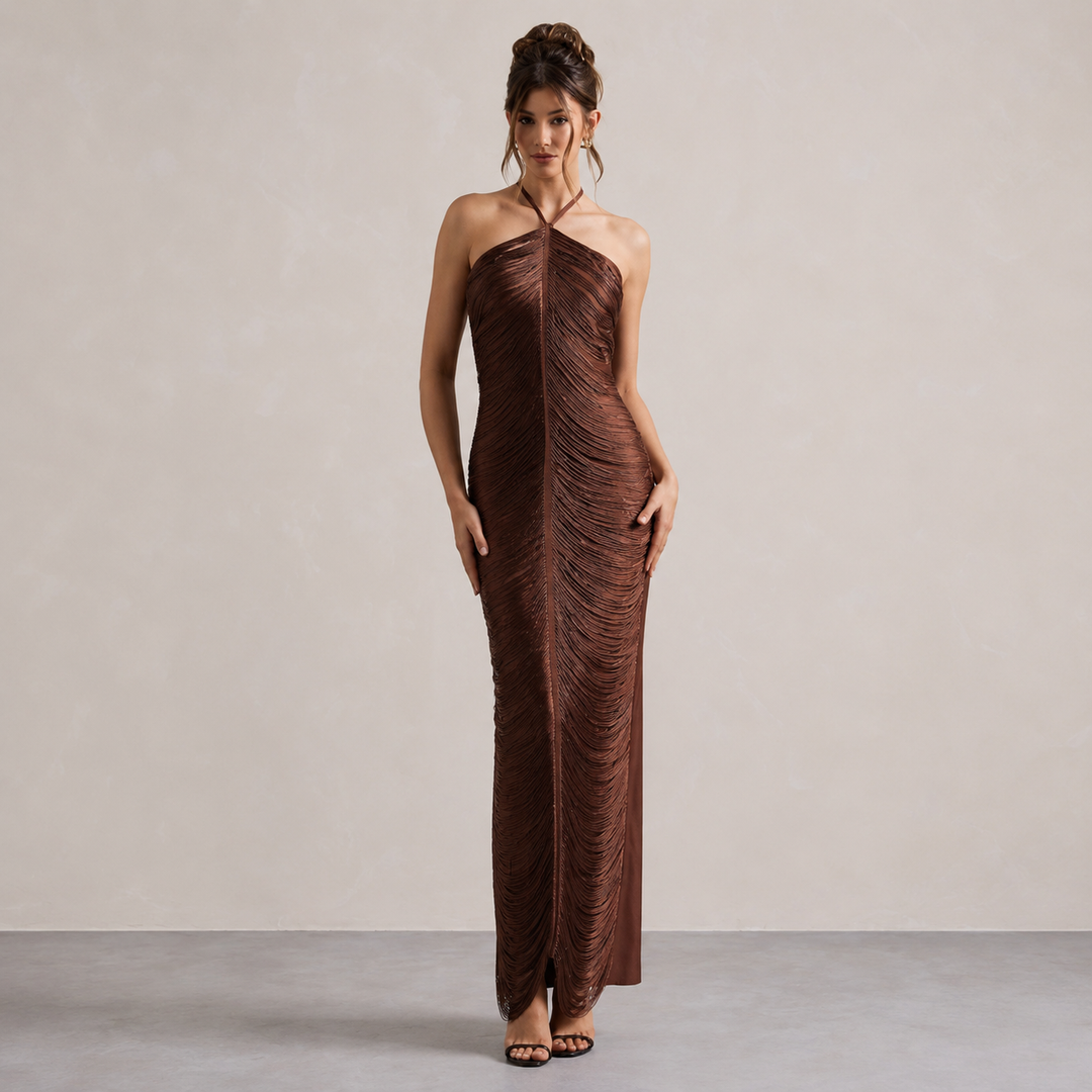 Long Halterneck Dress with Fringe for Women