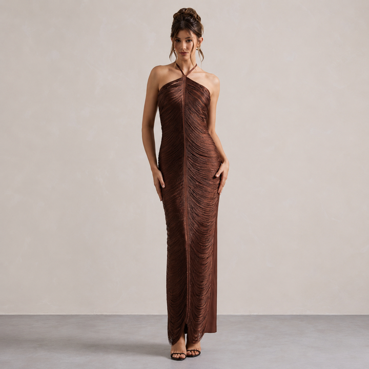 Long Halterneck Dress with Fringe for Women