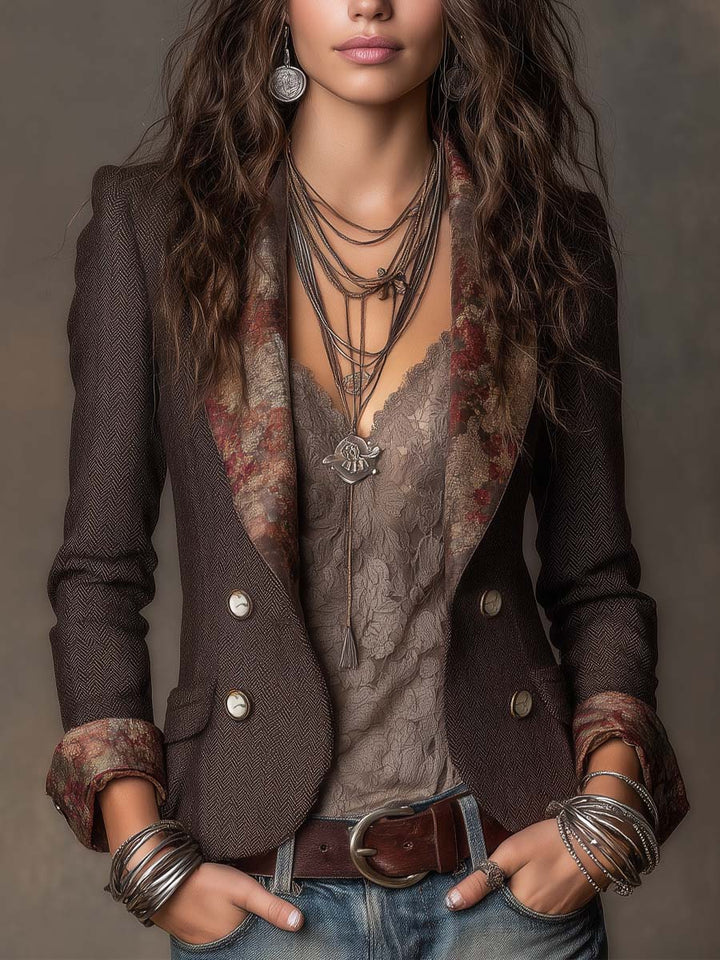 Herringbone Blazer med Blomstret Revers til Kvinder