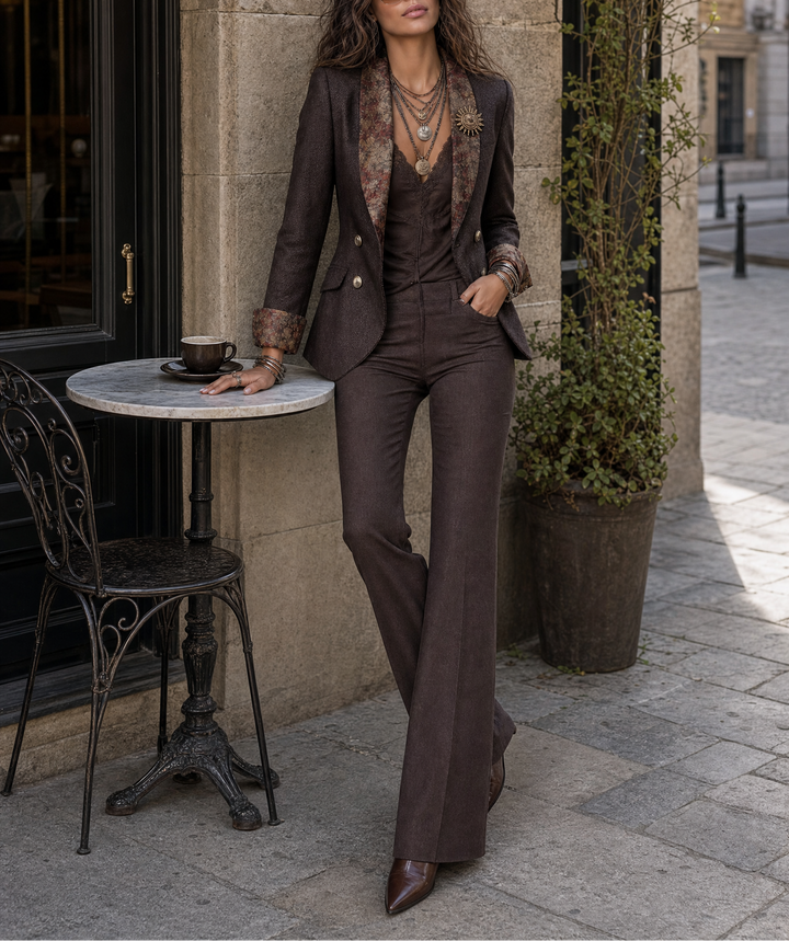 Herringbone Blazer med Blomstret Revers til Kvinder