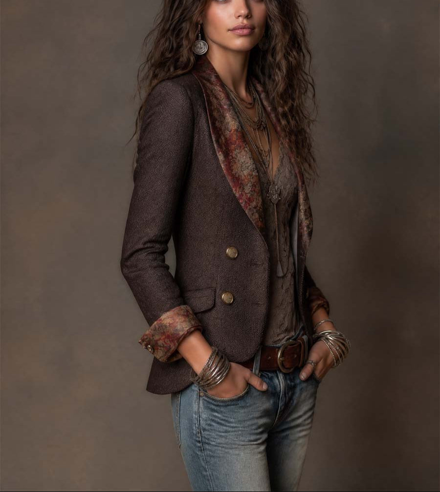 Herringbone Blazer med Blomstret Revers til Kvinder