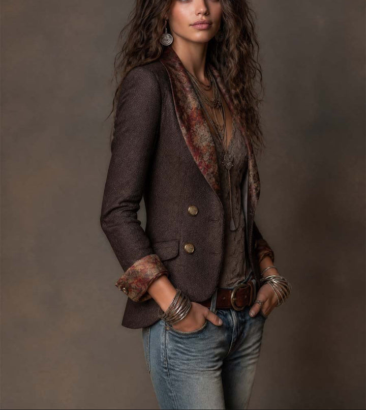 Herringbone Blazer med Blomstret Revers til Kvinder