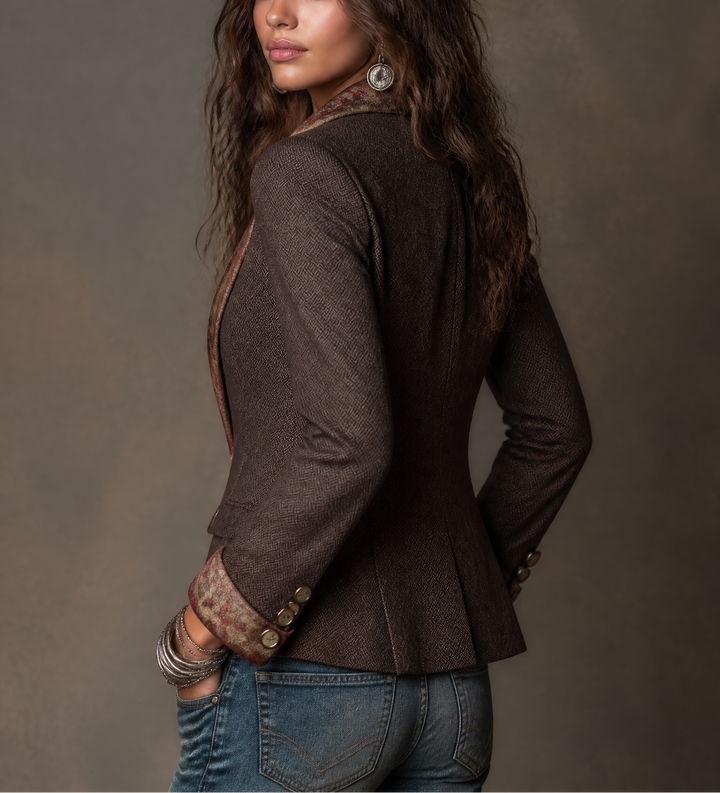 Herringbone Blazer med Blomstret Revers til Kvinder