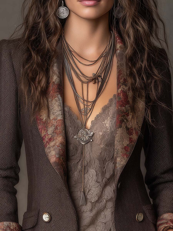 Herringbone Blazer med Blomstret Revers til Kvinder