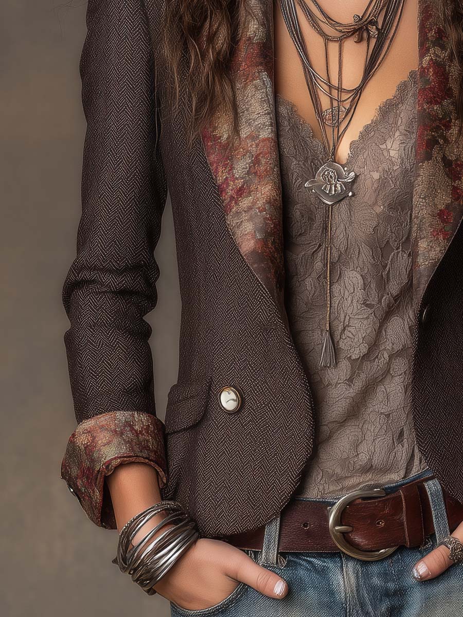 Herringbone Blazer med Blomstret Revers til Kvinder