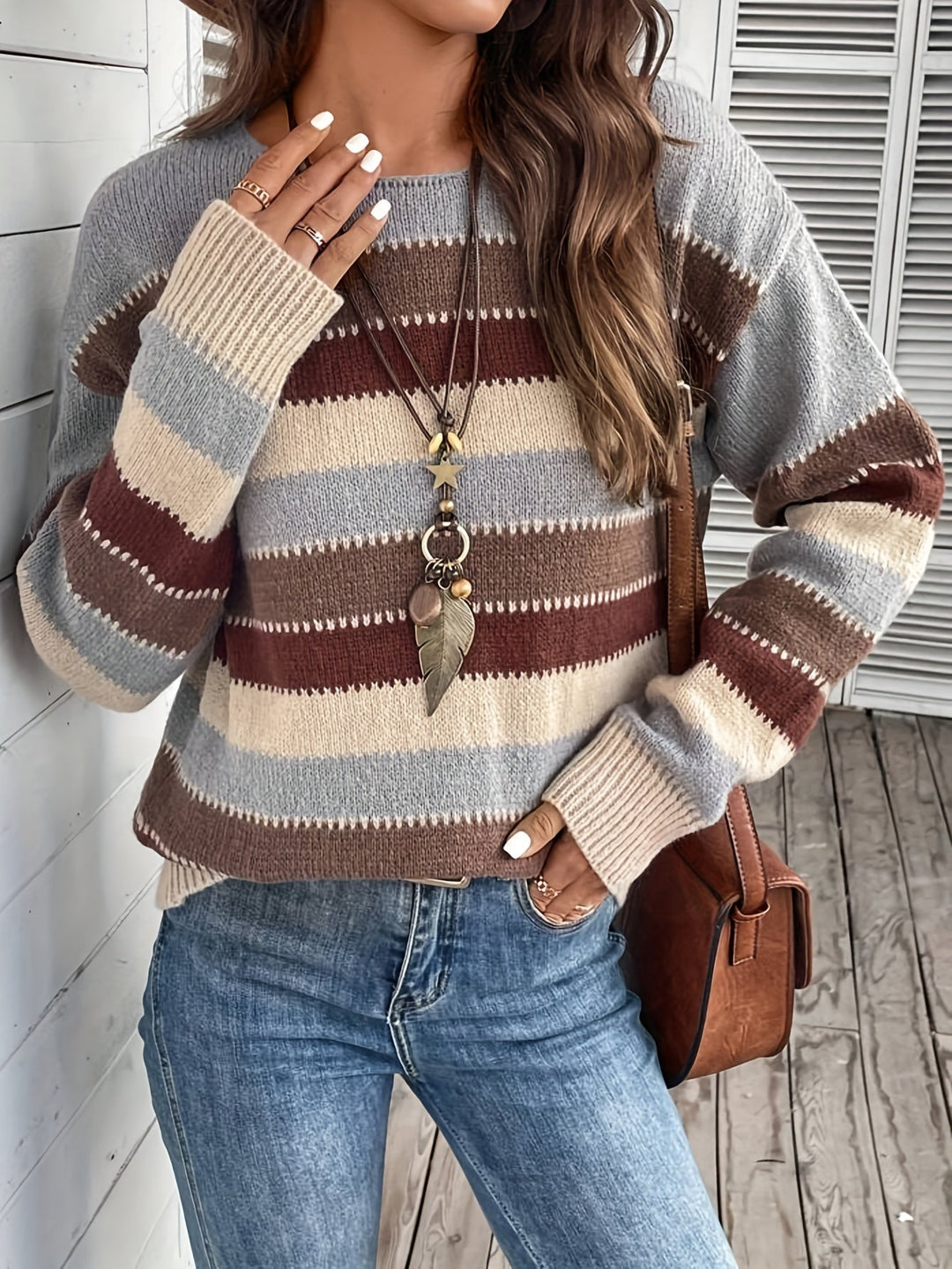Striped Sweater with Crew Neck for Women