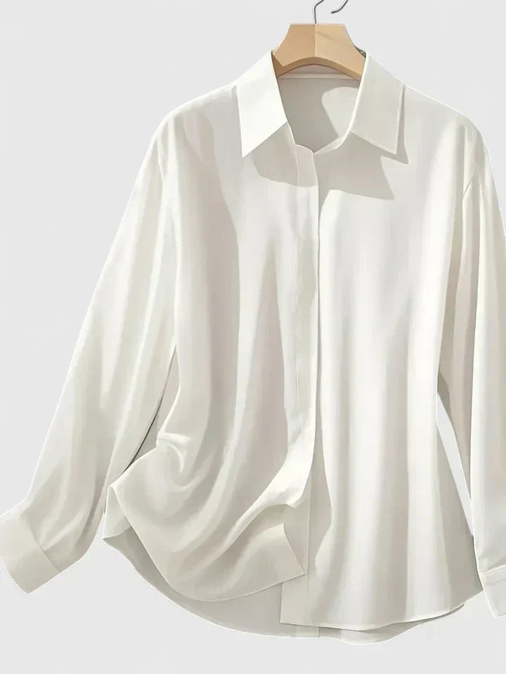 Long-Sleeved Shirt with Hidden Button Closure and Curved Hem for Women