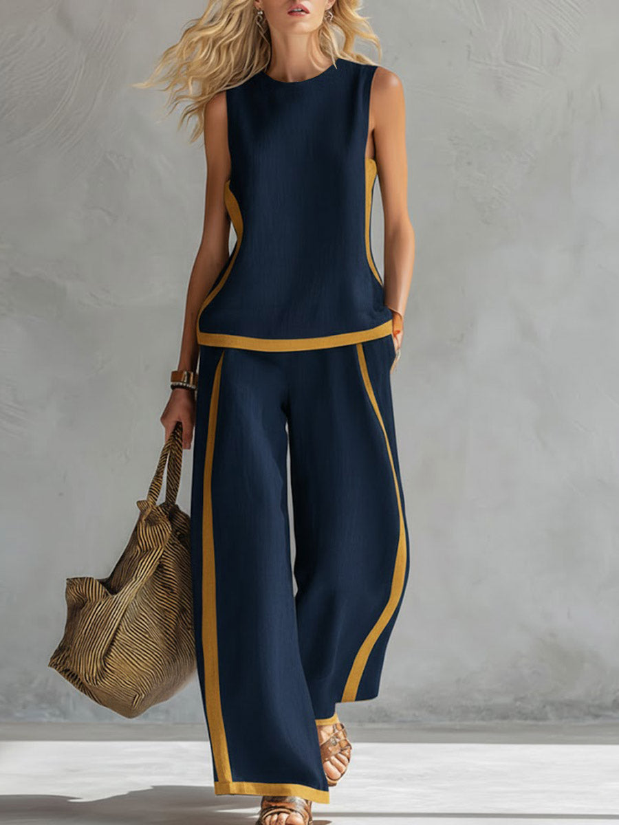 Sleeveless Top with a Round Neck and High-Waisted Wide-Leg Pants for Women