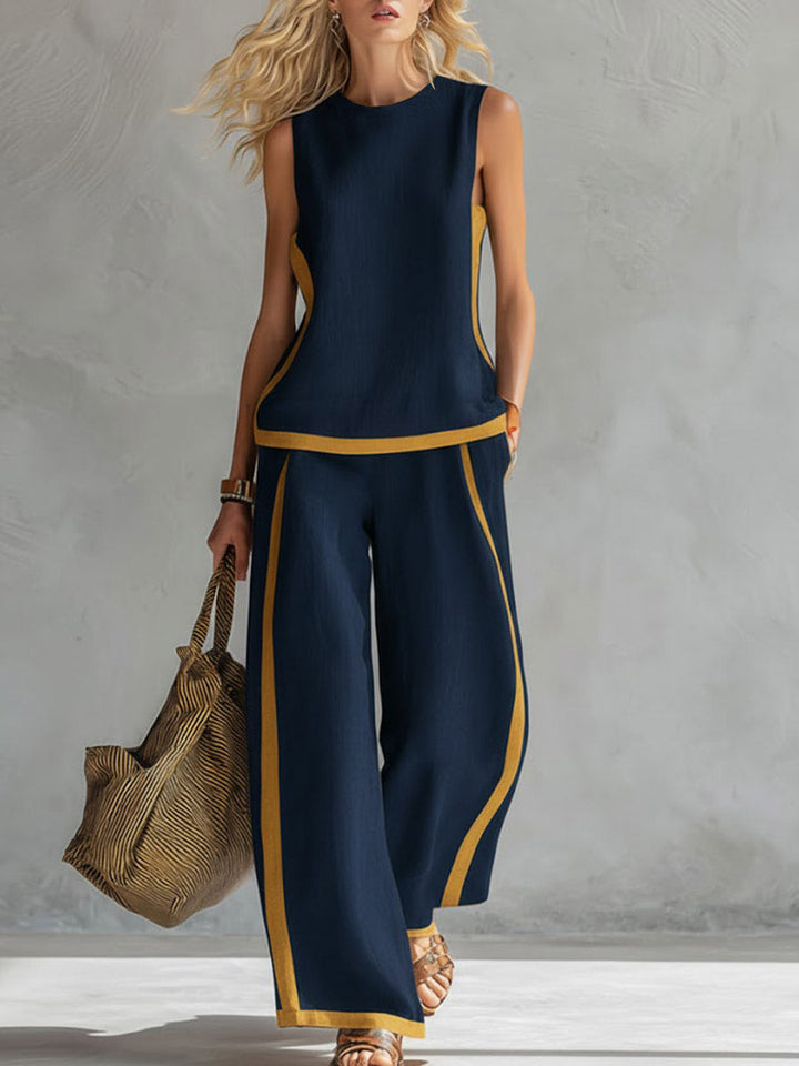 Sleeveless Top with a Round Neck and High-Waisted Wide-Leg Pants for Women