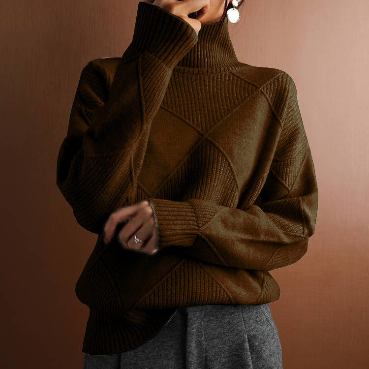 Loose-Fit Women's Turtleneck Sweater with Diamond Pattern and Long Sleeves
