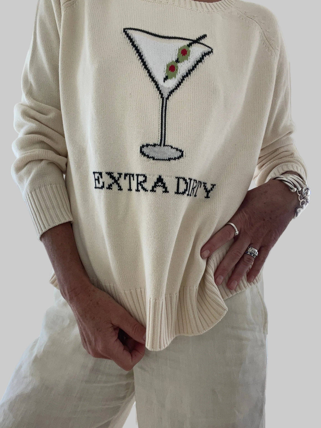 Oversized dame-sweater i bomuld med martini-motiv