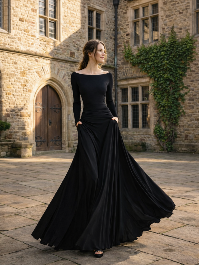 Maxi Dress with Long Sleeves and Boat Neck for Women